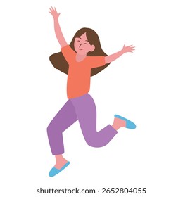 Uma menina alegre salta com os braços estendidos, usa roupas casuais, irradiando pura felicidade e liberdade, transmitindo emoções de alegria, emoção e energia lúdica. Ilustração de vetor de ícone de menina