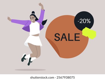 A joyful girl leaps into the air with enthusiasm, showcasing her stylish attire against a backdrop that features a prominent sale announcement, radiating energy and celebration