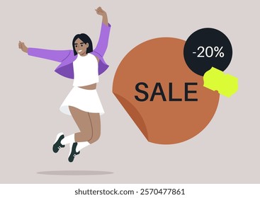 A joyful girl leaps into the air with enthusiasm, showcasing her stylish attire against a backdrop that features a prominent sale announcement, radiating energy and celebration