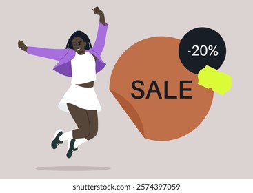 A joyful girl leaps into the air with enthusiasm, showcasing her stylish attire against a backdrop that features a prominent sale announcement, radiating energy and celebration