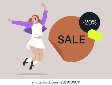 A joyful girl leaps into the air with enthusiasm, showcasing her stylish attire against a backdrop that features a prominent sale announcement, radiating energy and celebration