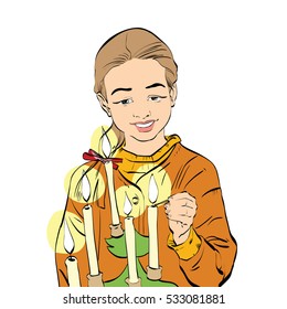 joyful girl lights candles on Christmas tree, color illustration isolated vector. Christmas holiday and New year