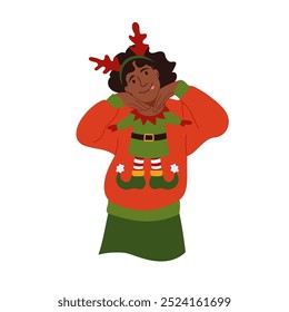 Joyful girl making faces in festive ugly sweater. Teen girl in garish Christmas sweater exudes holiday cheer and laughter Vector illustration female character in winter clothes with traditional prints