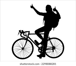 A joyful girl on a bike sits astride. Woman showing like gestures with both hands. A tourist on a bicycle with a large tourist backpack on his back. Side view. Black color silhouette isolated on white