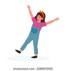 Joyful girl in overalls expressing happiness with arms raised