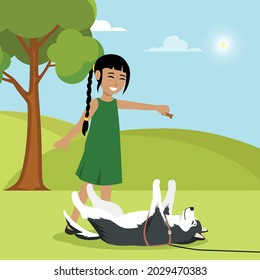 Joyful girl playing with dog at park. flat vector illustration isolated on white background