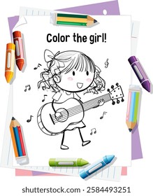 A joyful girl playing guitar with musical notes