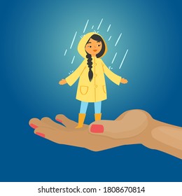 Joyful girl in rain, blue background, happy, colorful autumn day, child without umbrella, design cartoon style vector illustration. Human on street, smiling girl in boots, yellow cloak, rainy weather.