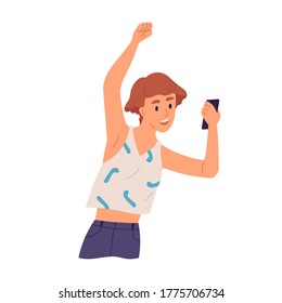 Joyful girl raising hand looking at screen of smartphone vector flat illustration. Happy woman enjoy good news holding mobile phone isolated on white. Female having positive emotion watch on display