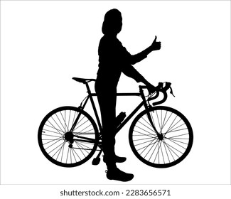A joyful girl stands near the bike. A woman shows a "like" gesture with her hand. Tourist with a bicycle, holding the steering wheel with his hand. Bicycle tourism. Side view. Black silhouette isolate