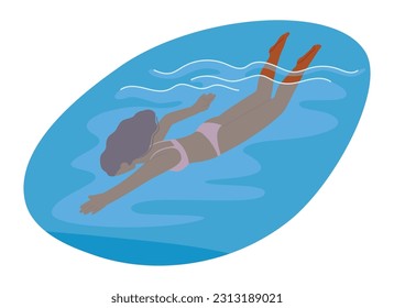 Joyful Girl Swimming In The Refreshing Sea Water, Embracing The Waves With Enthusiasm, Surrounded By The Vastness Of The Ocean. Female Character ????? Holidays. Cartoon People Vector Illustration