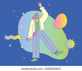 Joyful girl waving her hand. The character says hello. Woman in casual clothes makes a greeting gesture. Flat vector cartoon illustration.