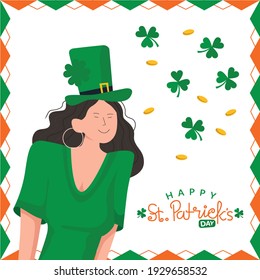 Joyful girl wearing a leprechaun hat. Illustration of St. Patrick's Day celebration. Illustration of Irish culture.