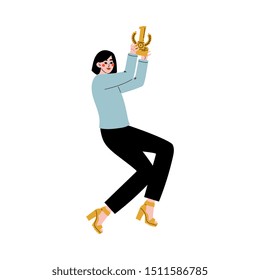 Joyful Girl with Winner Cup, Happy Positive Young Woman Celebrating Victory, Successful People Concept Vector Illustration