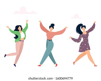 Joyful girls are dancing. Vector isolates in cartoon flat, retro style. International Women's Day