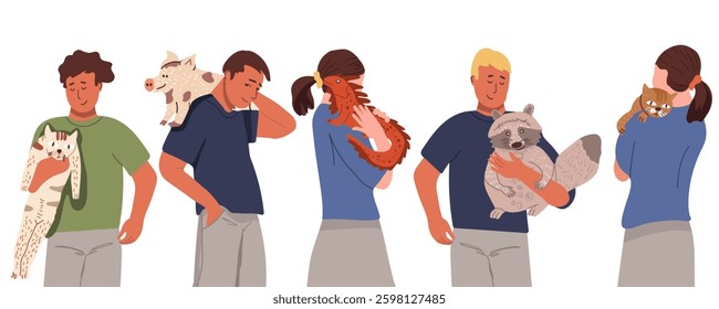 Joyful girls  and guys Characters Bonding With Their Beloved Pets Experiencing the Unconditional love and companionship. Vector hand drawn illustration isolated on white.