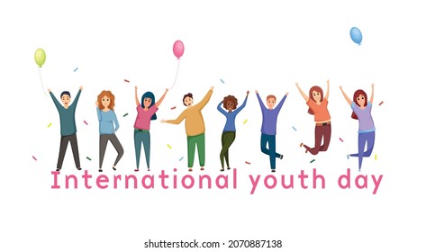 Joyful girls and guys of different nationalities celebrate International Youth Day with balloons and candy. Friendly company. And Vector cartoon illustration.
