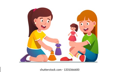 Joyful girls kids playing dressing dolls. Happy kids playing together having fun. Child cartoon characters with doll dresses. Childhood, pastime and entertainment. Flat vector isolated illustration