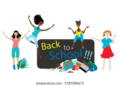 Joyful girls on the background of blackboard, globe, books, laptop. Back to school. Vector illustration.