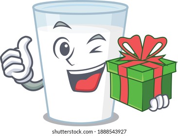 joyful glass of milk cartoon character with a big gift box. Vector illustration