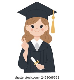 A joyful graduate in cap and gown, clutching a diploma. Bright, celebratory illustration.