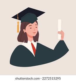 A joyful graduate celebrates graduation with a diploma and graduate cap on the head. Concept for happy graduation poster or card template design. Flat vector illustration