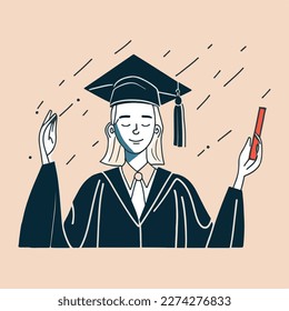 A joyful graduate celebrates graduation with a diploma and graduate cap on the head. Concept for happy graduation poster or card template design. Flat vector illustration