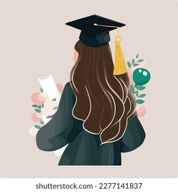 A joyful graduate celebrates graduation with a diploma and graduate cap on the head. Concept for happy graduation poster or card template design. Flat vector illustration