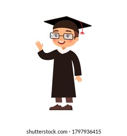 Joyful graduate in a graduation clothing gown and cap waves his hand. Happy young man.  Cartoon character isolated on white background. Flat vector color illustration. 