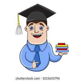 joyful  graduate student holding a stack of books and pointing, vector illustration