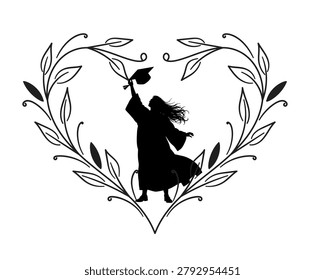 A joyful graduate throwing a cap in the air, framed inside a beautiful heart-shaped floral leaf wreath. Lovely vector illustration for daughter graduation gifts, romantic cards, and invitations.