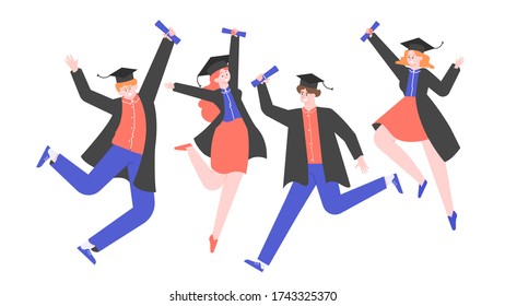 Joyful graduates in academic hats and robes with diplomas in their hands. People are jumping. Students graduated from university, college, courses. Vector flat illustration.