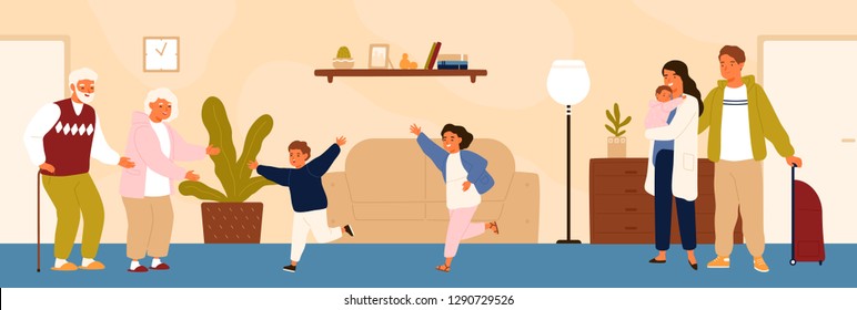 Joyful Grandchildren Meeting Their Grandparents. Happy Family Visiting Grandfather And Grandmother. Grandson And Granddaughter Running To Hug Grandma And Granddad. Flat Cartoon Vector Illustration.