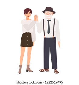 Joyful granddad and granddaughter giving high five. Smiling old man in hat and young teenage girl standing together. Happy family portrait. Colorful vector illustration in flat cartoon style.