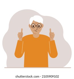 Joyful grandfather, with two hands shows a thumbs up sign everything is okay. Make, consent, approval, success. Vector flat illustration