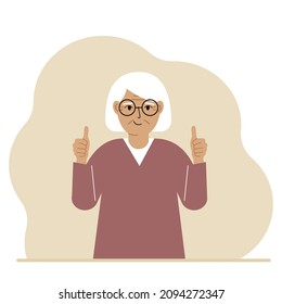 Joyful grandmother, with two hands shows a thumbs up sign everything is okay. Make, consent, approval, success. Vector flat illustration