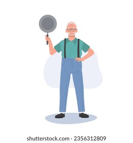 Joyful Grandpa Holding Pan. Confident Senior man with Cooking skill. Flat vector cartoon illustration