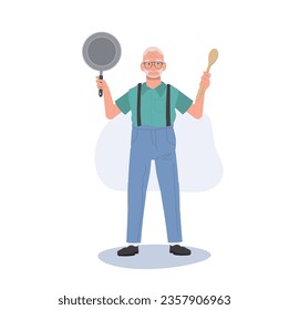 Joyful Grandpa Holding Pan. Confident Senior man with Cooking skill. Flat vector cartoon illustration