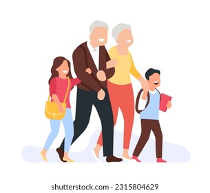 Joyful grandparents take grandchildren to school. Happy people holding hands. Elderly parents. Grandfather and grandmother walking with children. Family relationship