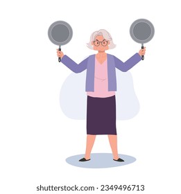 Joyful Granny Holding Pan. Confident Senior Woman with Cooking skill. Flat vector cartoon illustration