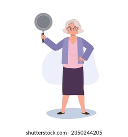 Joyful Granny Holding Pan. Confident Senior Woman with Cooking skill. Flat vector cartoon illustration