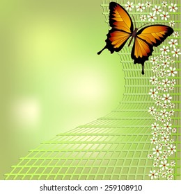Joyful green bokeh spring background with yellow butterfly and small white flowers on grid. For your spring design, you can place your own text