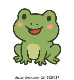 Joyful desenho de rã verde com sorriso aberto e bochechas cor-de-rosa, desenhado em um estilo kawaii. Ótimo para projetos infantis, adesivos e impressões. Vetor EPS, fácil de editar e dimensionar.