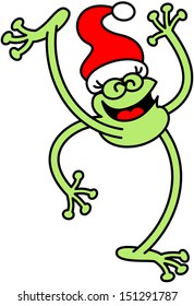 Joyful green frog celebrating Christmas big by wearing a red Santa hat, smiling enthusiastically and raising a leg and an arm