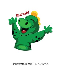 Joyful green monster saying Hurrah vector sticker illustration on a white background