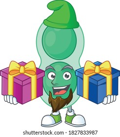 A joyful green streptococcus pneumoniae mascot design style with Christmas gifts. Vector illustration