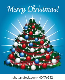 Joyful greeting card with beautiful christmas tree. Vector illustration.