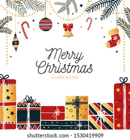 Joyful greeting card merry christmas joyful festive design vector illustration drawn in happy x-mas holidays bright tones. Attributes of winter candy cane, christmas socks. Happy holidays concept