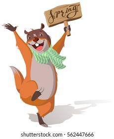 Joyful groundhog jumping and welcomes spring. Isolated on white vector cartoon illustration