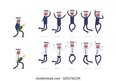 joyful group bounces. opens a bottle of champagne. Arab saudi businessman. cartoon character set